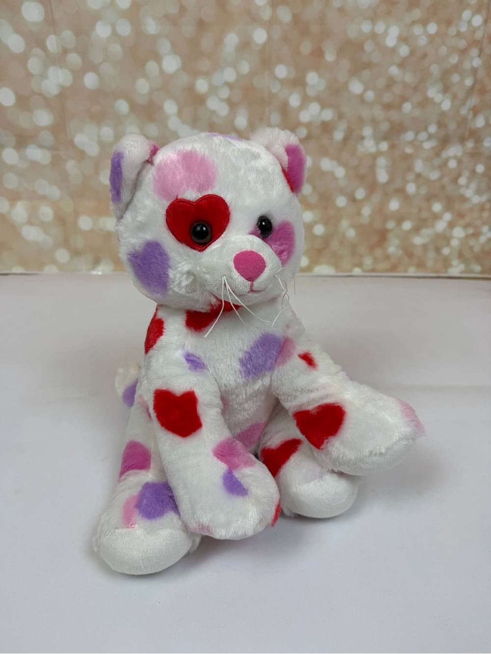 Build-A-Bear White Cat Plush with Red, Pink, and Purple Hearts